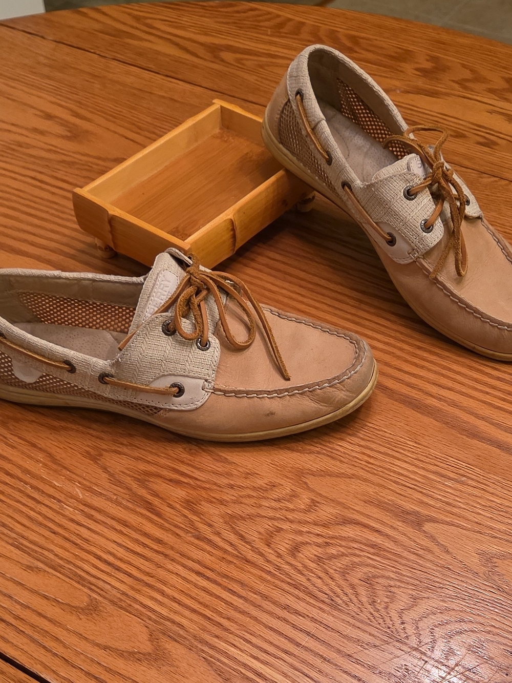 Sperry Two-Tone Tan and Light Gray Leather Canvas Boat Shoes